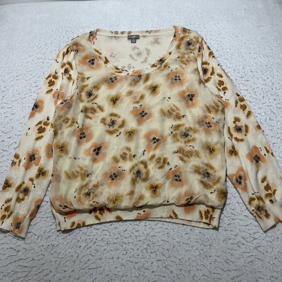 J. Jill Tops - J. Jill Women's XL Silk Overlay Crewneck Sweater Floral Orange Yellow Pullover